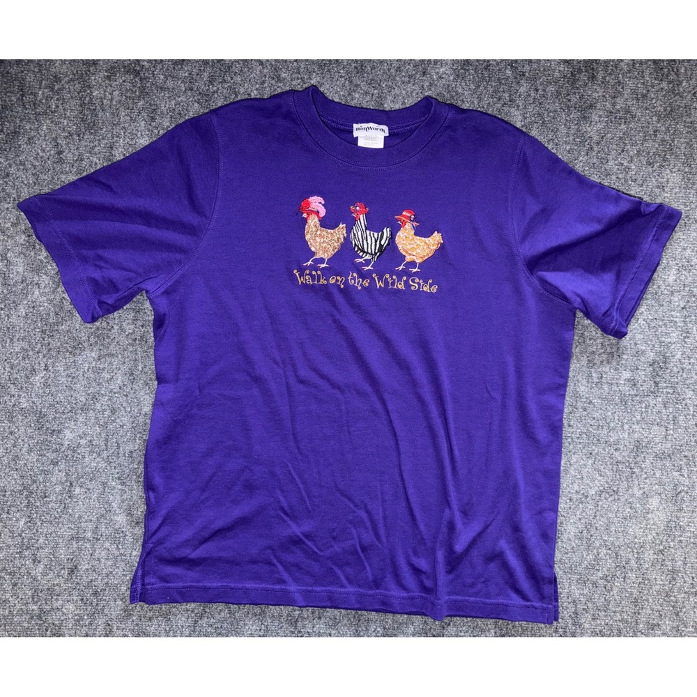 BonWorth Purple Walk on the Wild Side Embroidered Chicken T-Shirt Large
